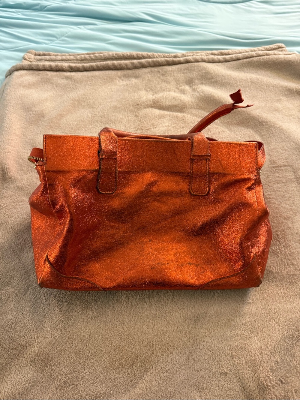 Persaman New York Metallic Orange Satchel with Top Handles - Picture 2 of 9